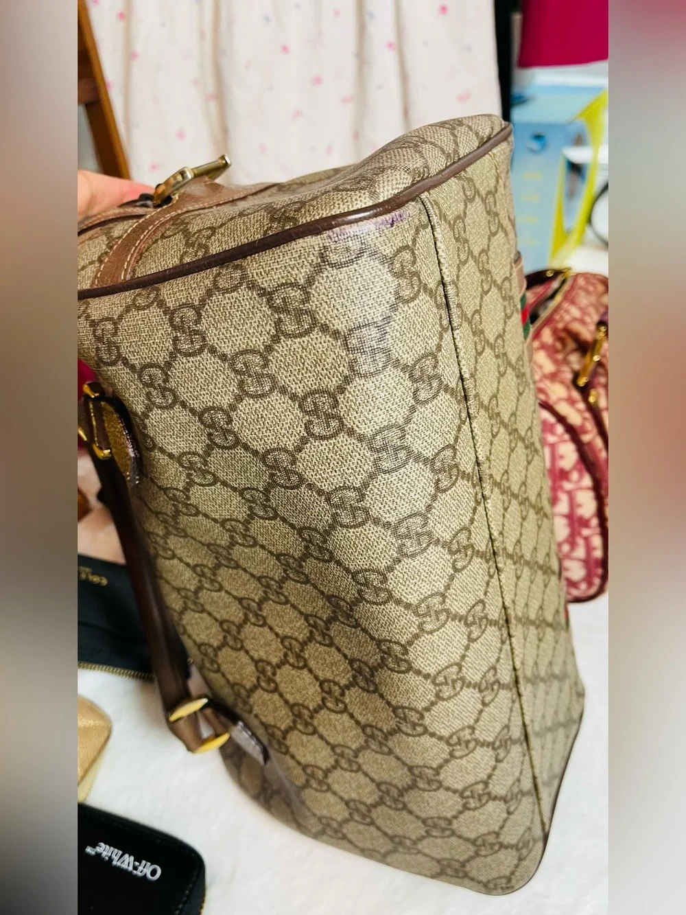 Gucci Beige/Brown Monogram Satchel with Green-Red Web Stripe